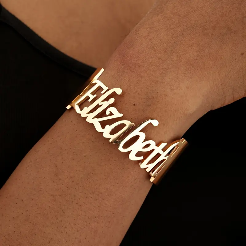 Women's Custom Name Wide Bangle - Exquisite Letter Link Bracelet, Personalized Stainless Steel Gold-Plated Fashion Wrist Jewelry for Mother's Day, Valentine's Day, Exquisite Bracelet