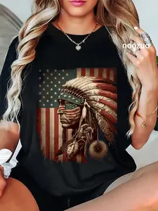 100% Cotton Unisex Indigenous People Tribal CG Native American Indian Chief American USA Flag T-Shirt