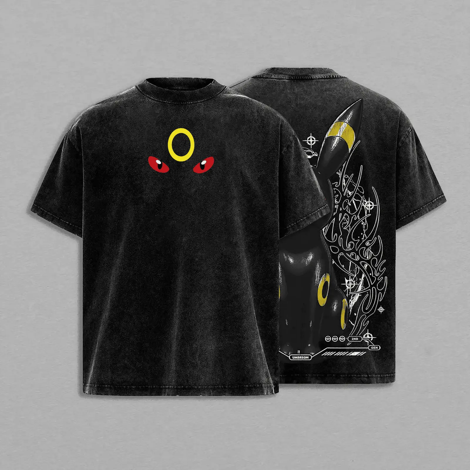 Men's Umbreon Graphic Tee Shirt, Vintage Oversized-Casual Fit Heavyweight Cotton, Unisex Vintage Pulp Style Anime Streetwear, Eco-Certified Oeko-Tex All Seasons Tee with Reinforced Stitching (M, L)