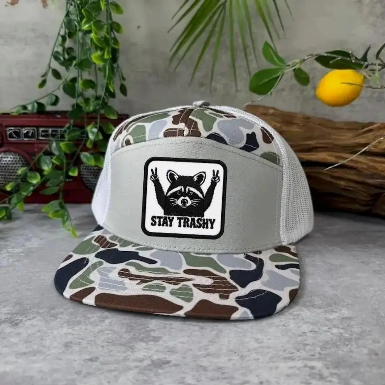 Stay Trashy Raccoon Embroidered Patch Trucker Hat, Funny Vintage Snapback Cap, Retro Animal Graphic Mesh Hat, Country Style Outdoor Hat Gift for Men Women