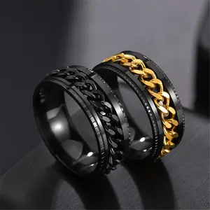 Trendy Minimalist Spinner Ring for Men, Embossed Chain Design Stainless Steel Band, Tarnish Free
