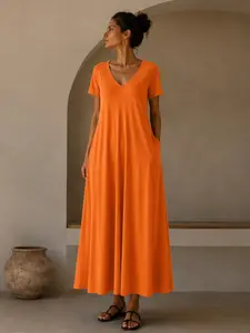 2026 Women's Summer Dress Plus Size, Deep V-Neck, Standard Fit, Short Sleeve, Solid Color, Casual, Elegant Style, All Seasons Wear