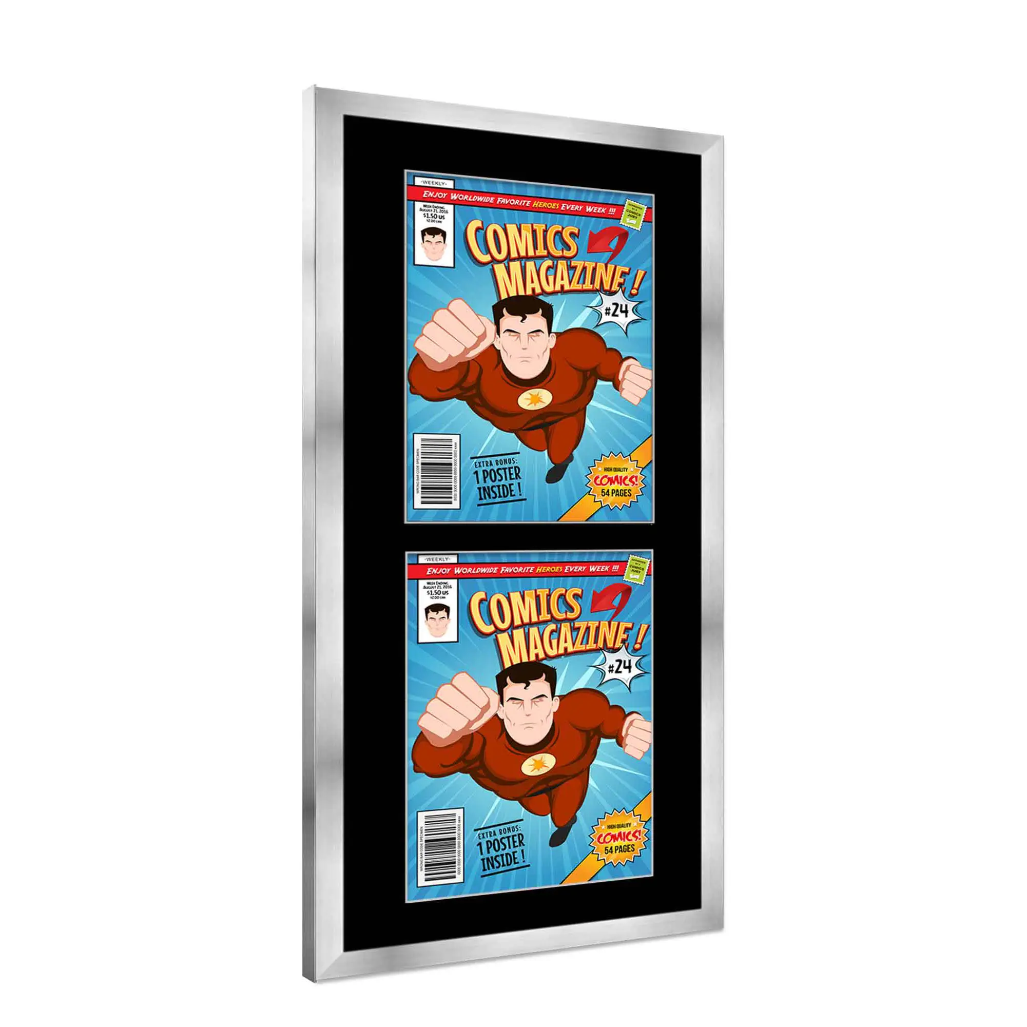 Comic Book Frame with Mat for 2 Current Era Comics Published After 1985 - Silver Wood Comic Frame With Black Mat for 6.875x10.5 Comics - 11.25x24 Frame Size