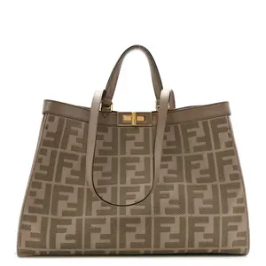 Pre-owned FENDI Canvas Tote Bags Vitello King FF Embroidered Medium Peekaboo X Tote Tartufo