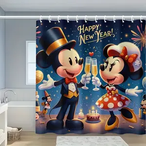 DISNEY CLASSIC New Year's Celebration Mickey and Minnie Shower Curtain, Christmas Decor with "Happy New Year!"