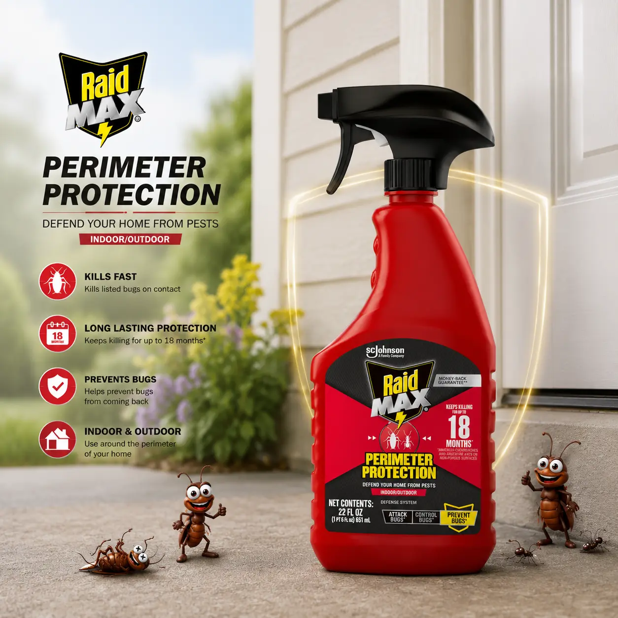 Raid MAX Perimeter Protection Ant & Roach Killer Spray Bottle, 22 fl. oz., Long-Lasting Bug Control (Up to 18 Months), Indoor-Outdoor Use