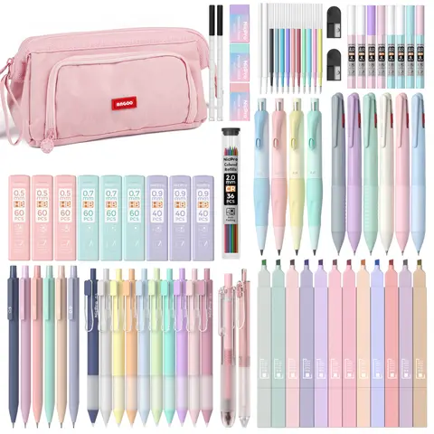 Nicpro Cute Stationery Set (78 PCS) - Back to School Office Supplies for Students, Pink Pencil Pouch, Pastel Highlighters, Gel Pens with Refills, Mechanical Pencils (0.5, 0.7, 0.9, 2.0 Mm), 6 PCS Multicolor Ballpoint Pens