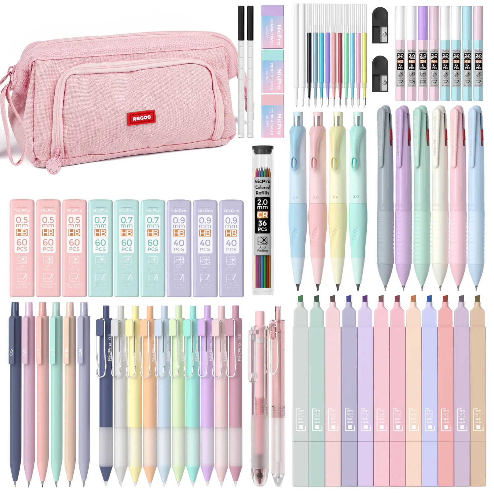 Nicpro 78 PCS Aesthetic School Supplies with Cute Pen Case, 12 Pastel Highlighters, 12 Color & Black Ink Gel Pens, 10 Mechanical Pencils 0.5, 0.7, 0.9