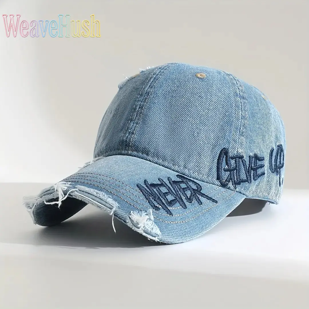 Women's Universal Vintage Washed Distressed Blue Baseball Cap - Adjustable Size, Retro Letter Side Embroidery, Ripped Edge, Wide Brim for Small Faces, UV Protection, All-Match, All-Season, Unisex Sports & Outdoor Hat, Letters, All Seasons, Unisex Wear, Ou