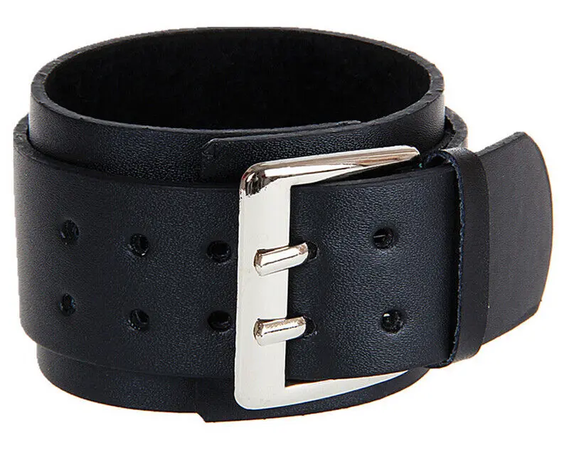 Leather Belt Strap Buckle Adjustable Cuff Bangle Wristband Bracelet (Black)
