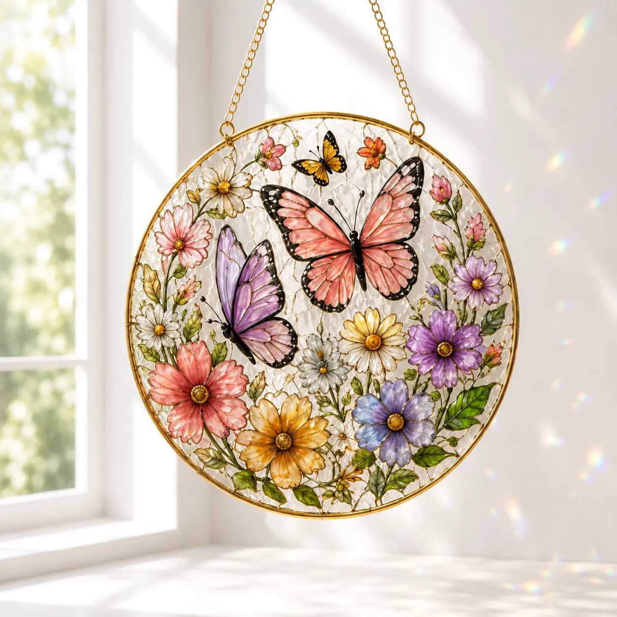 Butterfly Floral Acrylic Suncatcher, Stained Glass Style Window Hanging Decor, Wildflower Garden Sun Catcher, Colorful Butterfly Ornament, Gift for Mom and Butterfly Lovers