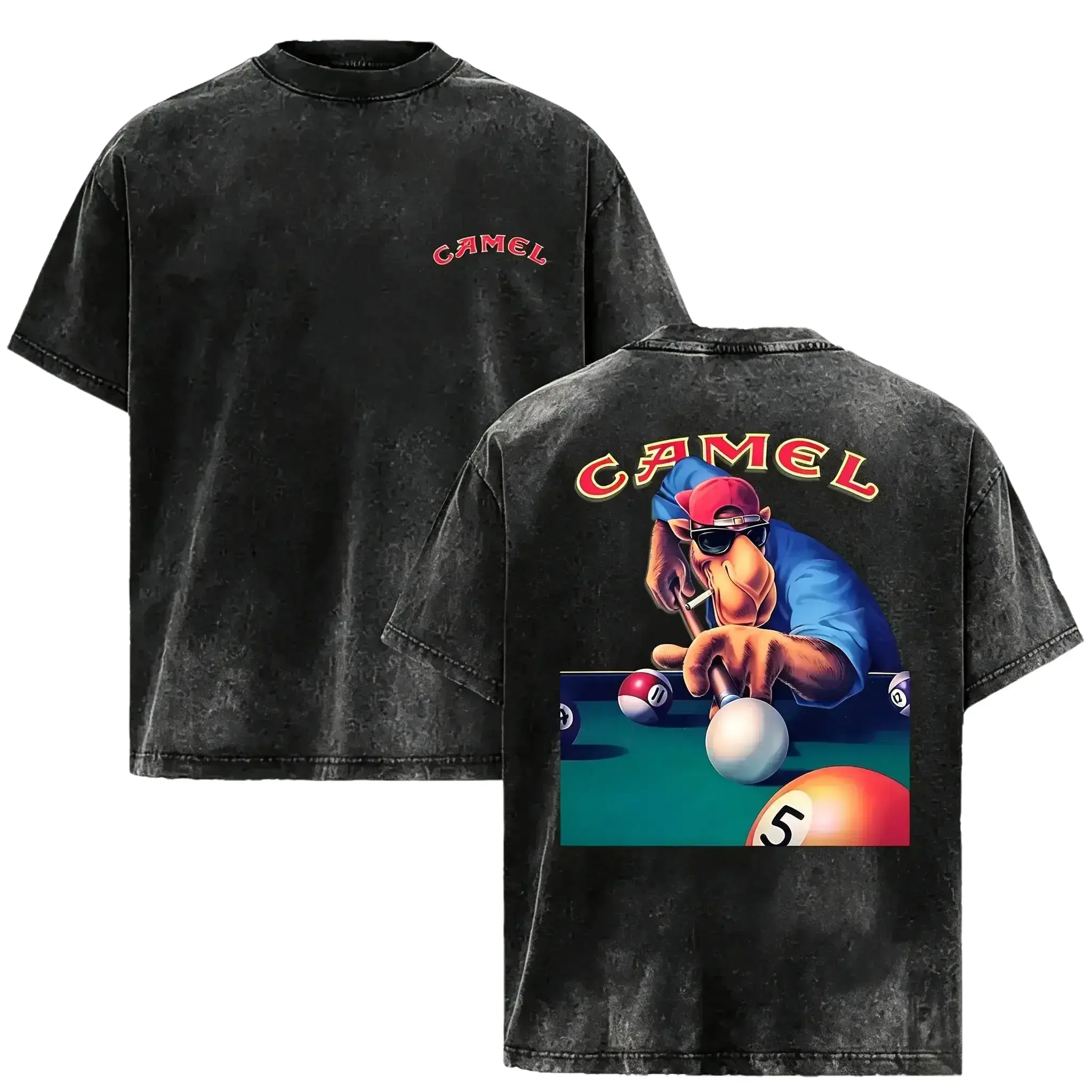 Vintage Washed Camel Cigarette Pool Playing Camel Mascot Double Sided Tee Red Camel Letter Logo Front Print Billiards Camel Cartoon Graphic Oversized Black Acid Wash Retro Casual Tee