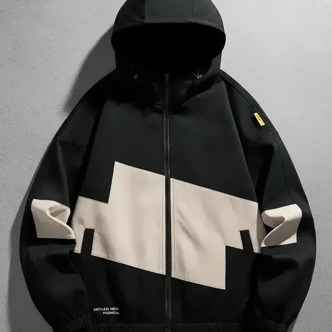 Men's Letter Print Patchwork Drawstring Zip Up Hooded Jacket Fitted, Regular Fit Casual Comfy Fashion Long Sleeve Pocket Outerwear with Tight Cuffs and Hem for Spring & Fall, Men's Clothes for Daily Wear