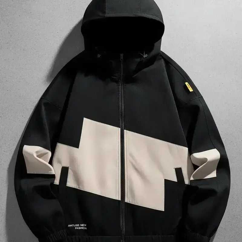 Men's Letter Print Patchwork Drawstring Zip Up Hooded Jacket Fitted, Regular Fit Casual Comfy Fashion Long Sleeve Pocket Outerwear with Tight Cuffs and Hem for Spring & Fall, Men's Clothes for Daily Wear