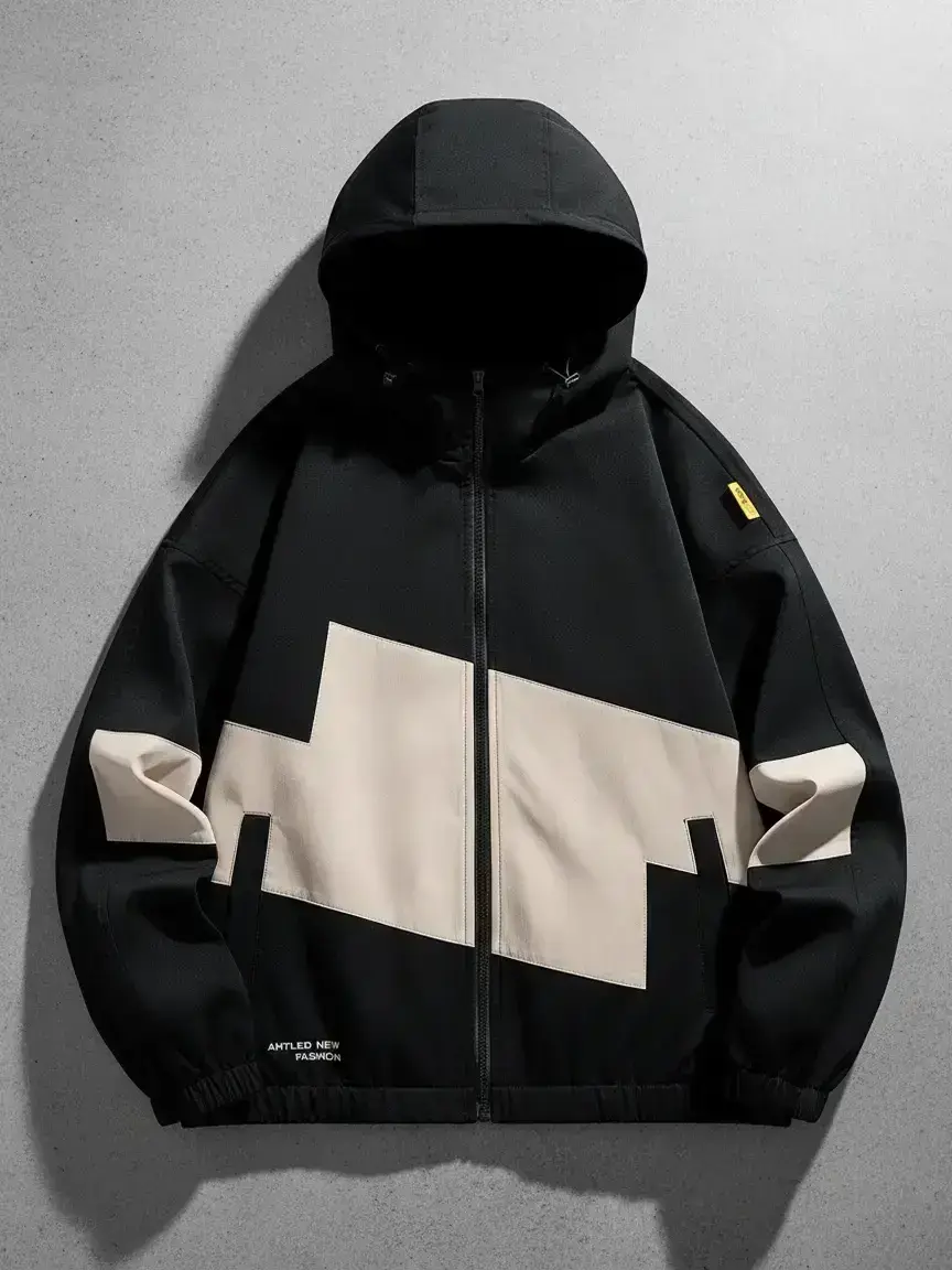 Men's Letter Print Patchwork Drawstring Zip Up Hooded Jacket Fitted, Regular Fit Casual Comfy Fashion Long Sleeve Pocket Outerwear with Tight Cuffs and Hem for Spring & Fall, Men's Clothes for Daily Wear