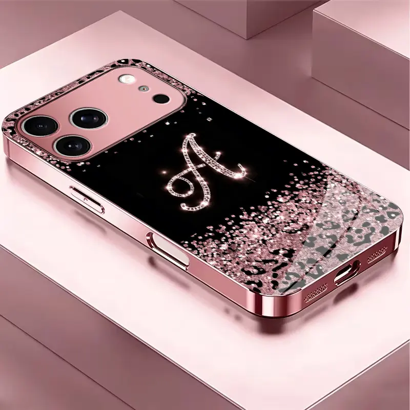 Women's High-End Electroplated Glass Cover for iPhone 17 Pro Max, Printed Pattern Phone Case - Non-3D Diamond Design, 26 Letter Options, Big Sale, YM99