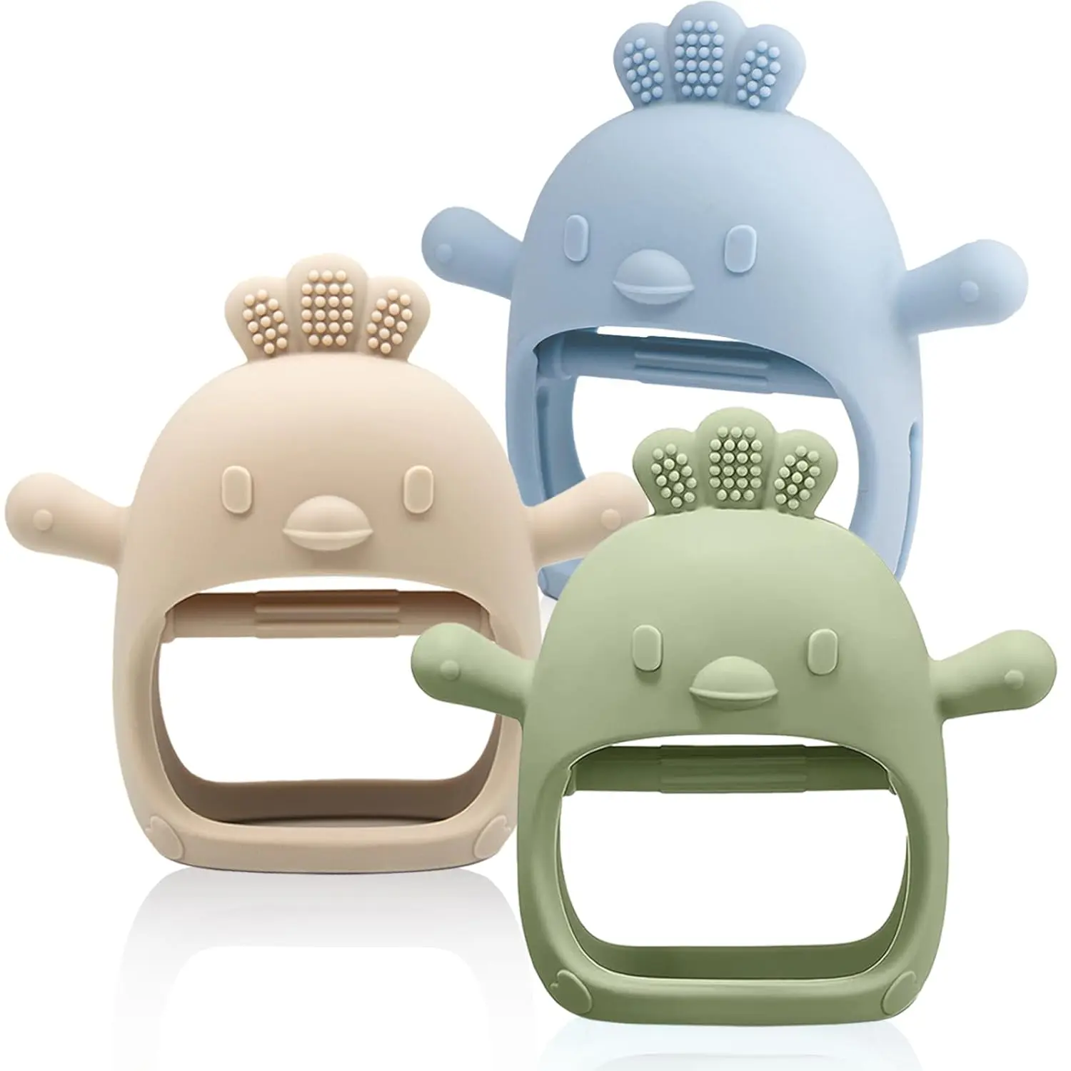 3-Pack Silicone Baby Teething Mittens, Anti-Drop Wrist Hand Teethers for 3+ Months Babies, BPA-Free, Olive Caramel Blue Colors (No Redundant Features)