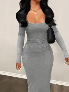 Long Sleeve Bodycon Maxi Dress | Ruched Waist | Slimming Hip-Wrapping One-Step Gown Fit, Womenswear