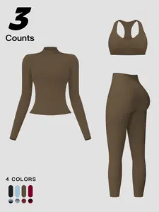 Women's Sporty High Neck Zipper Jacket, Yoga Suit Shaping Tight Fit Top, Outdoor Running Fitness Set, 3 Piece Set, Sportswear For Gym