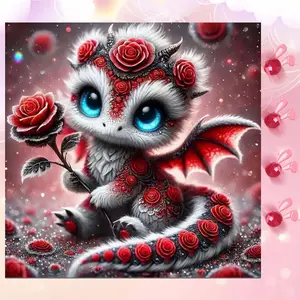 5D DIY Full Drill Round Diamond Painting - Diamond Art Kit, Little Dragon, Rose, Blue Eyes Mosaic, Canvas - DIY Decorative Painting, Home Wall Decor, Suitable for Halloween and Christmas, Birthday and Anniversary Gifts