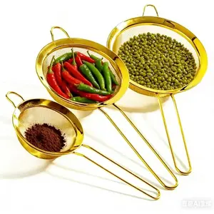 Three- Suit Baking SiftersWire ExtraMesh Strainer with Handle  Extended Handle Stainless Steel Sieve Fine Mesh Strainers for Kitchen Rice Juice Quinoa  Flour Baking(Golden)