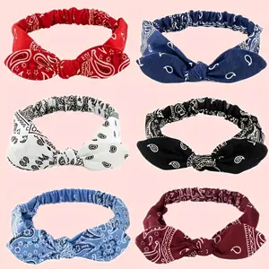 6-Pack Women’s Adjustable Knot Bandana Headbands - Retro Paisley & Geometric Print Headwraps, Soft Stretchy Fabric for All-Season Sports Outdoor Casual, Multi-Color Pack