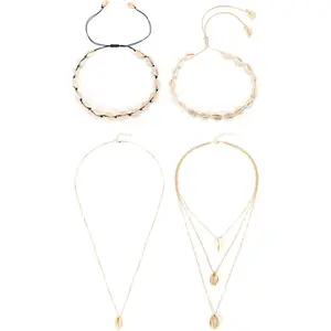 FINREZIO 4 Pcs Colorful Boho Shell Chokers Necklaces Set for Women Men Handmade Natural Cowrie Shell Beach Necklaces Adjustable Layered Pendant Necklaces Summer Vacation Bohemian Jewelry Set for Daily Wear Party Gift Giving