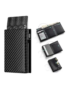 Wallet For Men With 12 Cards Euro Cash RFID Blocking three Bifold Zipper Coin Purse Automatic Pop-Up Metal Credit Card Holder Money Bag Minimalist Business Card Wallet