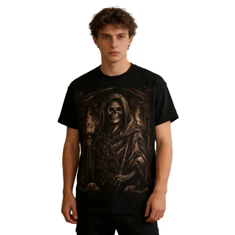 Women's Gothic Grim Reaper Skull Graphic Cotton T-Shirt - Short-Sleeve, Loose Fit, Round Neck, Heavy Metal Dark Aesthetic Black Print, All-Season Casual Streetwear Gift for Him, Crew Neck