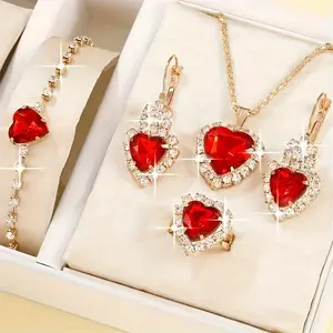 Chic Heart-Shaped Zirconia Jewelry Set - Includes Earrings, Necklace, Bracelet & Ring in Black or Red - Perfect Gift for Her