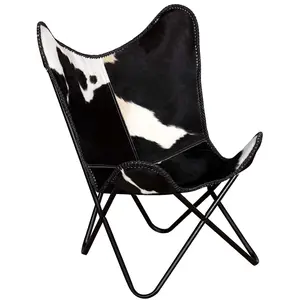 vidaXL Butterfly Chair, Accent Living Room Chair, Butterfly Armchair with Iron Frame, Industrial Style, Black and White Real Cowhide Leather 243729