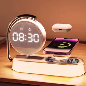 3-in-1 Smart Bedside Lamp with Wireless Charger & Digital Clock - 15W Fast Charging Station for Phone/Earbuds with 3-Level Dimmable Night Light/March Madness/Spring Break - Multi-Protection Alarm Clock (White)
