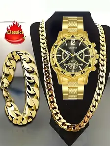 3-piece men's watch set, equipped with stylish business casual quartz watches, hip-hop Cuban chain necklaces, bracelets, and rings, perfect as holiday gifts