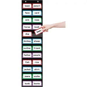 10”W x 48.25”H Classroom Words Pocket Chart with 12 Clear Pockets, Black Standard Pocket Chart for Classroom and Home for Sentence Strips, Reusable Words Hanging Pocket Chart (Black)