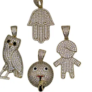 Charms & Pendants - Gold Plated Iced Out Owl Hamsa Boy and Happyface Character Pendants with Cubic Zirconia for Stylish Jewelry