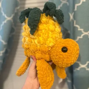 Crochet Pineapple Turtle - Yellow Soft Toy with Green Leaves Unique Design Handmade Item