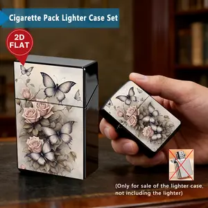 2D Printed Butterfly Rose Plastic Cigarette Case & Metal Lighter Shell Set with Cast Iron-Enhanced Lighter Accessory, Protective Cover, Ideal for Husband, 2026 New Year & Valentine's Day Gifts