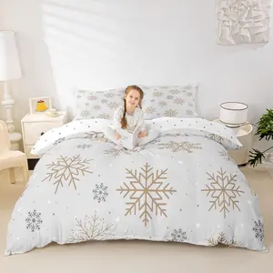 Snowflake Duvet Cover,Kids Geometric Snowflake Bedding Set,Xmas Theme Comforter Cover for Boys Girls Room Decor,Gold and Gray Lightweight Bedspread Cover with (No Comforter)