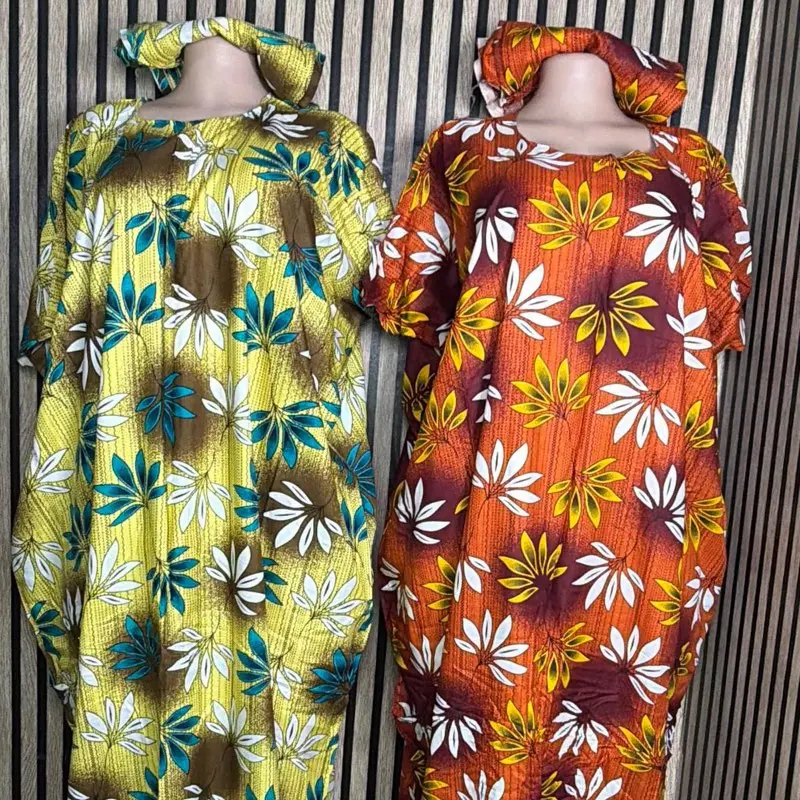 Vibrant Floral Kaftan Set - Yellow & Orange Long Sleeve Dresses with Matching Headscarves for Women