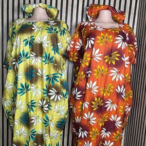 Vibrant Floral Kaftan Set - Yellow & Orange Long Sleeve Dresses with Matching Headscarves for Women
