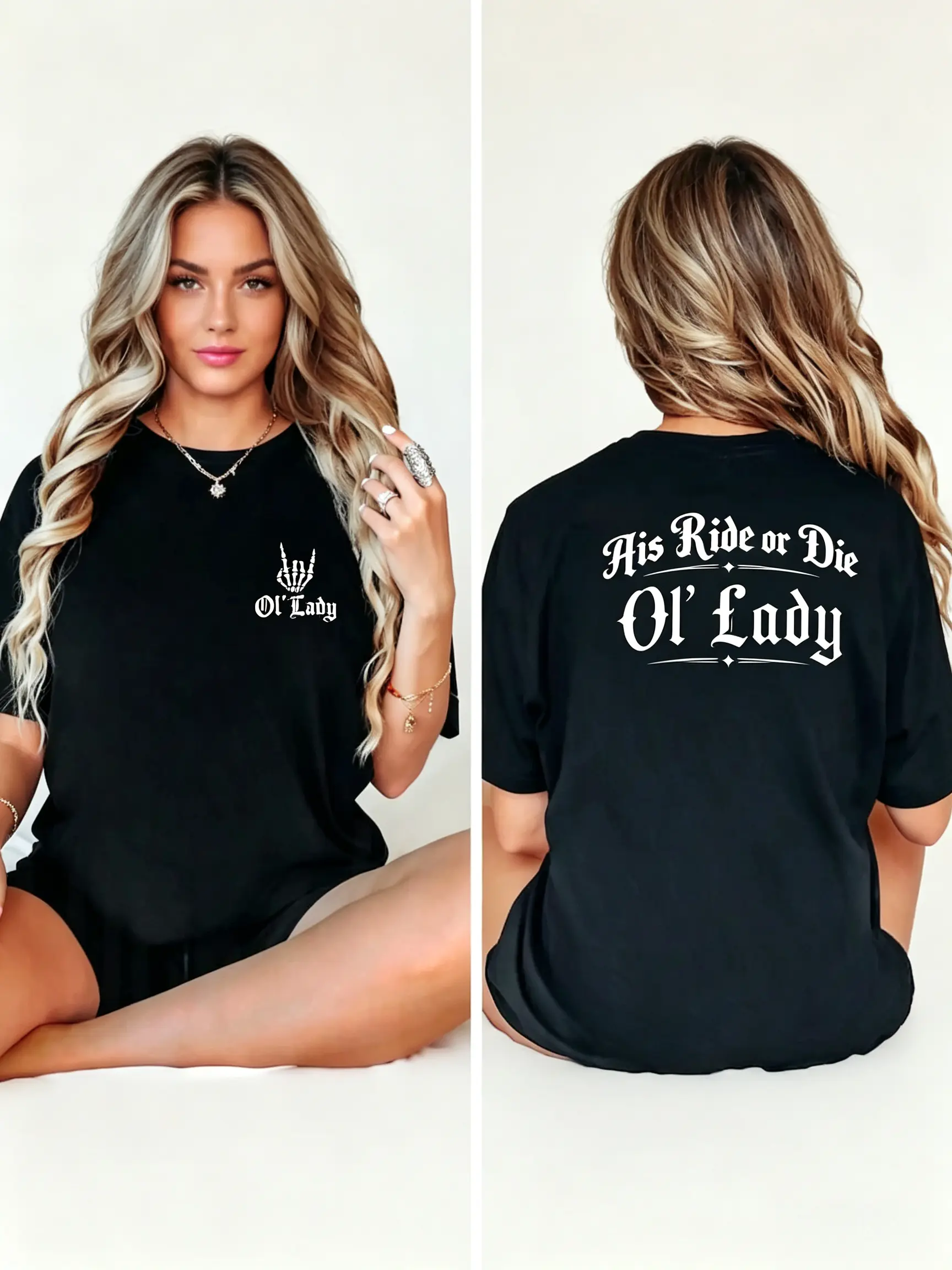 Women's Short-Sleeve His Ride or Die Ol’ Lady Biker T-Shirt - Western Gothic, Casual Everyday Statement Motorcycle Top with Pocket teeshirt