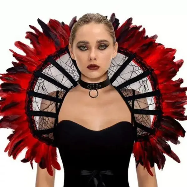 Gothic High Collar Lace Choker Accessory Set - Lightweight Fashion Statement Flared Black Vampire Shrug Capelet with Metallic Ring Collar, Floral Embroidery, Matching for Halloween Cosplay, Dark Aesthetic Parties