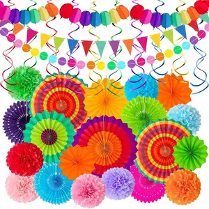 35 Pcs Cinco de Mayo Fiesta Hanging Decorations – Colorful Paper Fans, Pom Poms, Hanging Swirls and Fiesta Banners Set for Mexican Party, Taco Night Backdrops