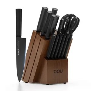 OOU Kitchen Knife Block Set - 15 Pieces High Carbon Stainless Steel Chef Knife Sets, Anti-Rust Black Knives Set with Built-in Sharpener Block, Walnut