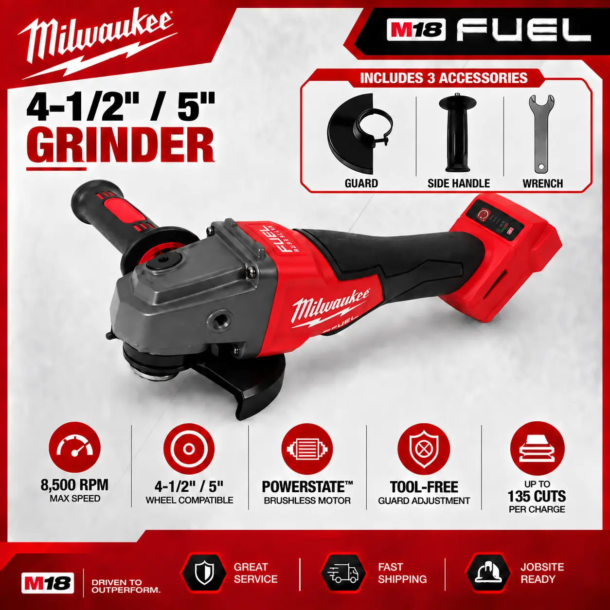 Milwaukee M18 FUEL 4-1/2"/5" Cordless Angle Grinder - Brushless, 8,500 rpm, Paddle Switch, Rapid Stop Brake, Anti-Vibration Design, Tool Only
