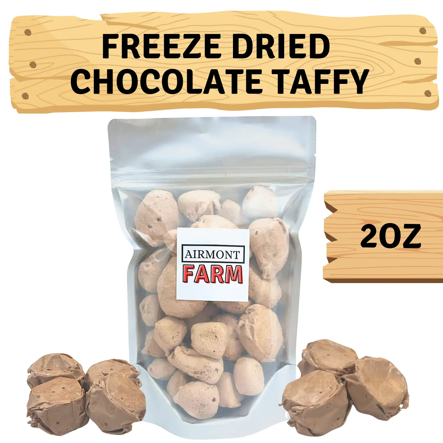 Freeze Dried Candy Chocolate Salt Water Taffy 2 oz - Cut To Bite Sized Pieces - Ships In Box - Deliciously Crunchy, Intense Flavor, Lightweight Snack