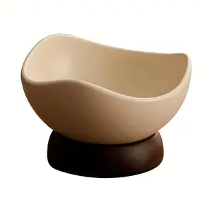 BeadBreath 1pc Rustic Ceramic High-Foot Snack Bowl, Irregular Edge Dessert Bowl with Wooden Base for Yogurt & Ice Cream