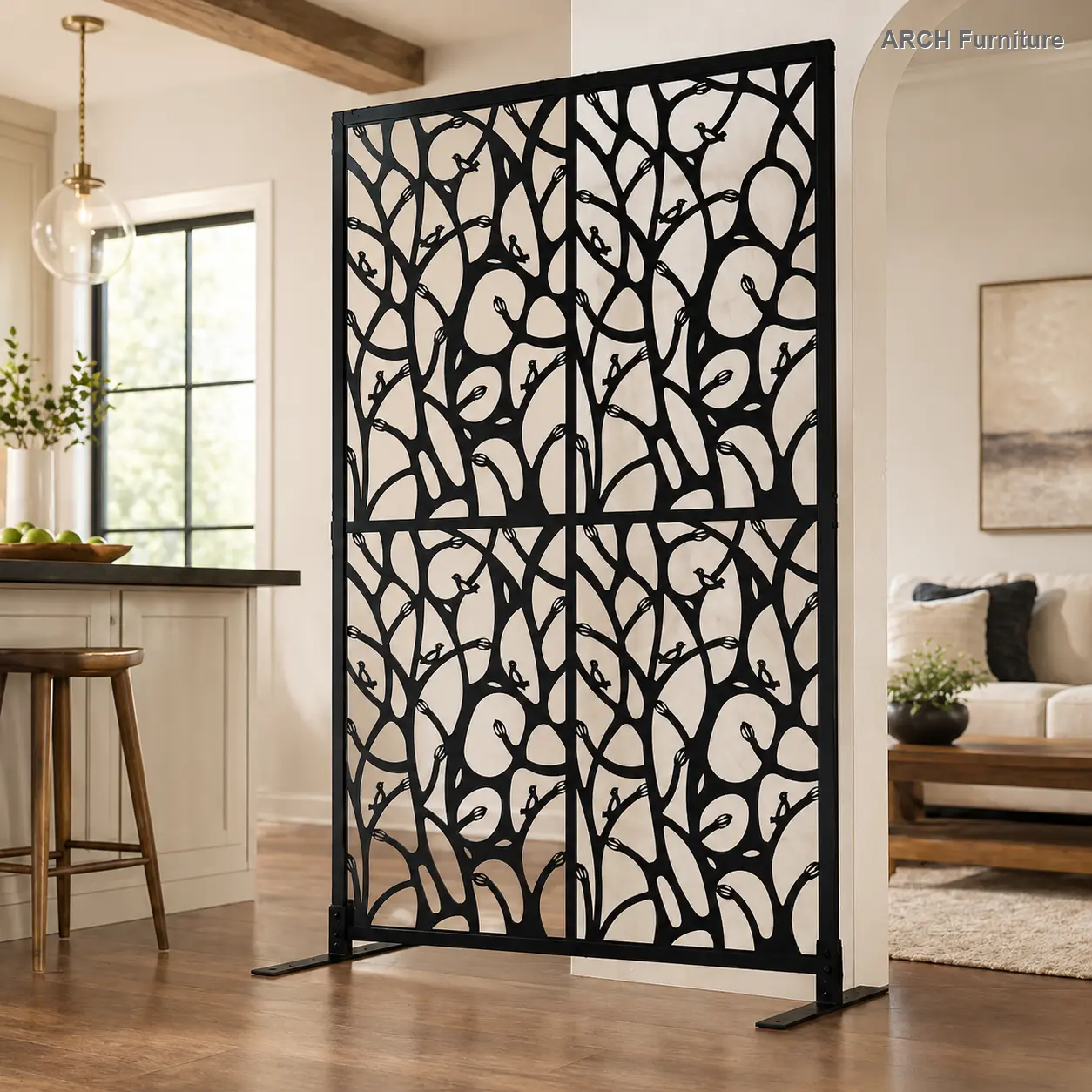 Galvanized Iron Panel Room Divider Furniture - 72x45 in Free-Standing Privacy Screen with Black Hollow-Cutout Bird Shape, Modern Home Interior Decor for Living Room & Outdoor Use