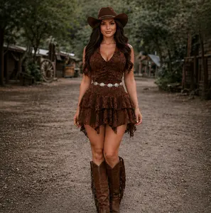 Western Lace Halter Mini Dress – Brown