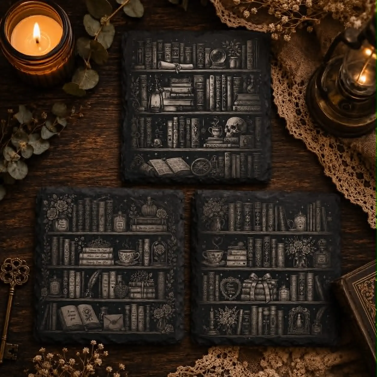 Dark Academia & Romance Bookshelf Slate Coasters | Gothic, Cozy Bookish Decor | Choose Your Design